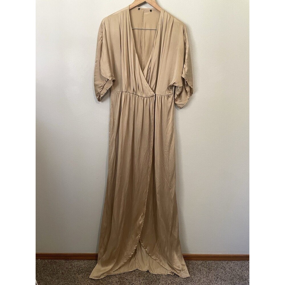Vintage Silk Wrap Dress Italian Nude Beige Kimono Sleeve Empire Waist Sz 36/S